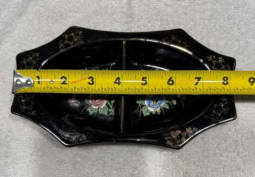 Vintage Handpainted Divided Trinket Dish Black Floral